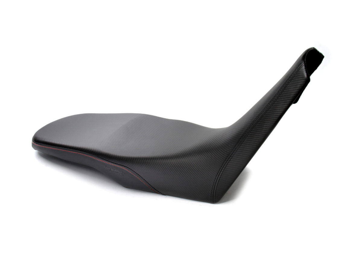 REVolution OEM Motorcycle Seat Upgrade for the Aprilia Tuareg 660 2022+ with CFX and Red Topstitch upholstery.